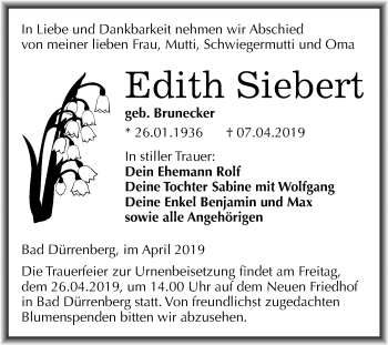 Traueranzeige von Edith Siebert von Mitteldeutsche Zeitung Merseburg/Querfurt
