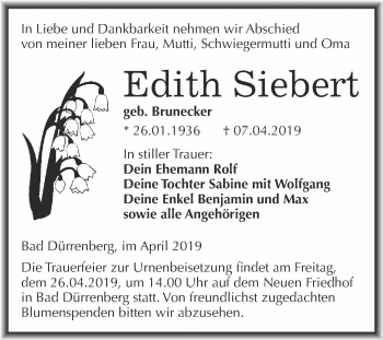 Traueranzeige von Edith Siebert von Super Sonntag Merseburg