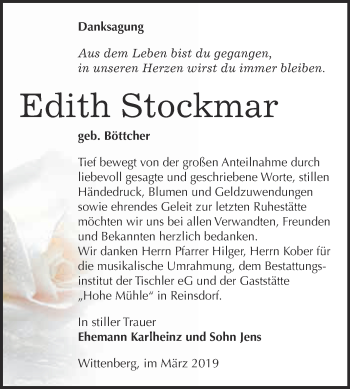 Traueranzeige von Edith Stockmar von WVG - Wochenspiegel Wittenberg