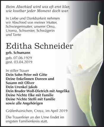 Traueranzeige von Editha Schneider von WVG - Wochenspiegel Wittenberg
