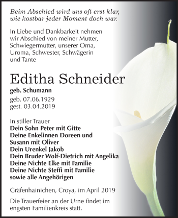 Traueranzeige von Editha Schneider von Mitteldeutsche Zeitung