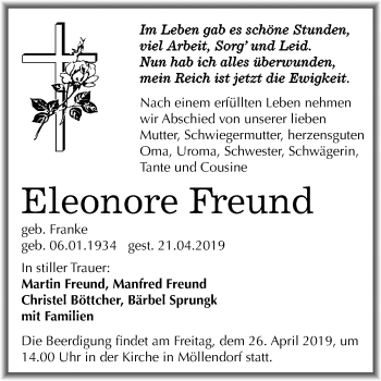 Traueranzeige von Eleonore Freund von Mitteldeutsche Zeitung