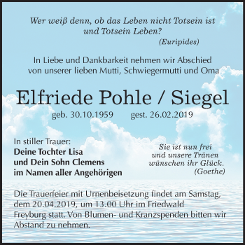 Traueranzeige von Elfriede Pohle von Mitteldeutsche Zeitung Naumburg/Nebra