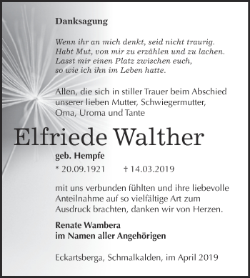 Traueranzeige von Elfriede Walther von WVG - Wochenspiegel NMB / WSF / ZTZ