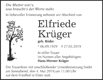 Traueranzeige von Elfriede krüger von WVG - Wochenspiegel Wittenberg