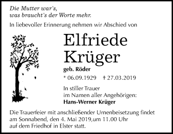 Traueranzeige von Elfriede krüger von Mitteldeutsche Zeitung