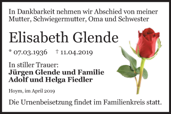 Traueranzeige von Elisabeth Glende von Mitteldeutsche Zeitung Aschersleben