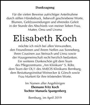 Traueranzeige von Elisabeth Koch von Mitteldeutsche Zeitung