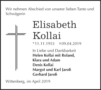 Traueranzeige von Elisabeth Kollai von WVG - Wochenspiegel Wittenberg