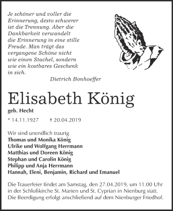 Traueranzeige von Elisabeth König von Super Sonntag Bernburg