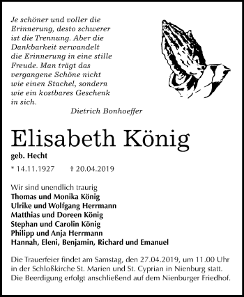 Traueranzeige von Elisabeth König von Mitteldeutsche Zeitung Bernburg
