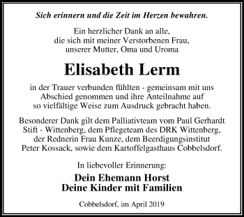 Traueranzeige von Elisabeth Lerm von WVG - Wochenspiegel Dessau / Köthen