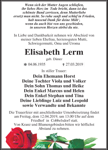 Traueranzeige von Elisabeth Lerm von Mitteldeutsche Zeitung Wittenberg