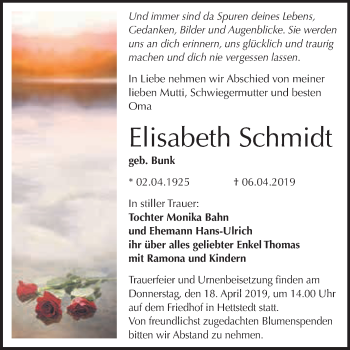 Traueranzeige von Elisabeth Schmidt von Super Sonntag SGH Mansf. Land