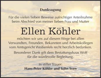 Traueranzeige von Ellen Köhler von WVG - Wochenspiegel NMB / WSF / ZTZ