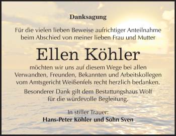 Traueranzeige von Ellen Köhler von Mitteldeutsche Zeitung Weißenfels