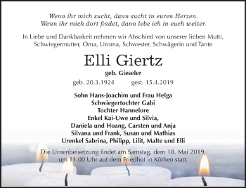 Traueranzeige von Elli Giertz von WVG - Wochenspiegel Dessau / Köthen