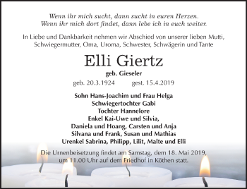 Traueranzeige von Elli Giertz von Mitteldeutsche Zeitung Köthen