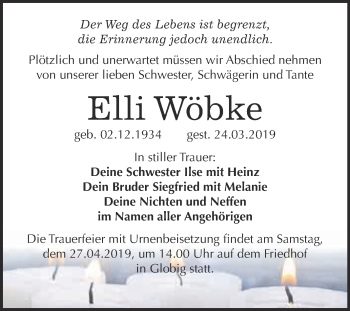 Traueranzeige von Elli Wöbke von WVG - Wochenspiegel Bitterfeld