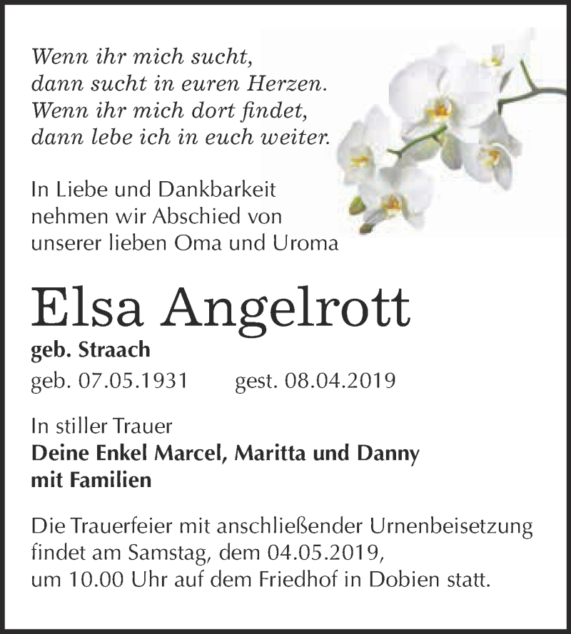  Traueranzeige für Elsa Angelrott vom 15.04.2019 aus WVG - Wochenspiegel Wittenberg