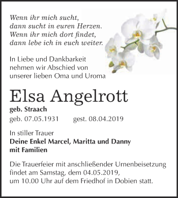 Traueranzeige von Elsa Angelrott von WVG - Wochenspiegel Wittenberg
