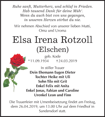 Traueranzeige von Elsa Irena Rotzoll von Mitteldeutsche Zeitung Bitterfeld