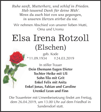 Traueranzeige von Elsa Irena Rotzoll von WVG - Wochenspiegel Bitterfeld
