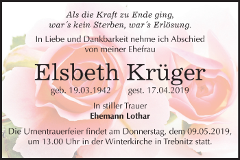Traueranzeige von Elsbeth Krüger von Mitteldeutsche Zeitung