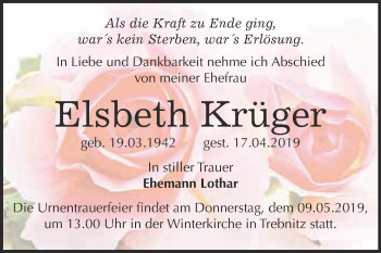 Traueranzeige von Elsbeth Krüger von Super Sonntag Bernburg