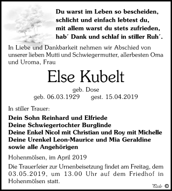 Traueranzeige von Else Kubelt von Mitteldeutsche Zeitung