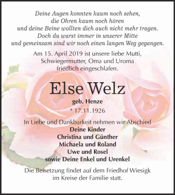 Traueranzeige von Else Welz von Super Sonntag Wittenberg