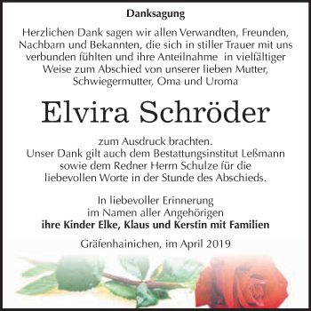 Traueranzeige von Elvira Schröder von WVG - Wochenspiegel Wittenberg