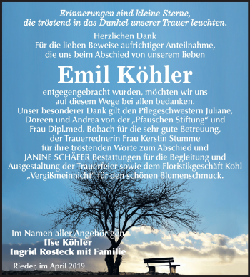 Traueranzeige von Emil Köhler von Mitteldeutsche Zeitung Quedlinburg