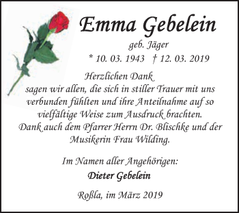 Traueranzeige von Emma Gebelein von Super Sonntag SGH Mansf. Land