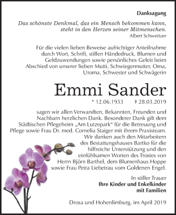 Traueranzeige von Emmi Sander von Mitteldeutsche Zeitung Köthen