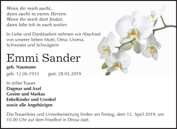 Traueranzeige von Emmi Sander von WVG - Wochenspiegel Dessau / Köthen