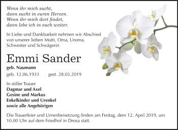 Traueranzeige von Emmi Sander von Mitteldeutsche Zeitung Köthen