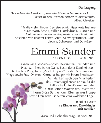 Traueranzeige von Emmi Sander von WVG - Wochenspiegel Dessau / Köthen