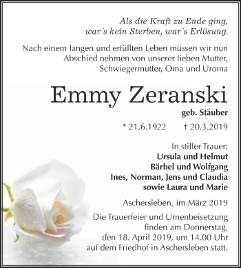 Traueranzeige von Emmy Zeranski von Super Sonntag Aschersleben