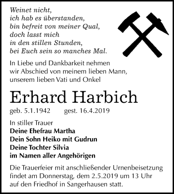Traueranzeige von Erhard Harbich von Super Sonntag SGH Mansf. Land