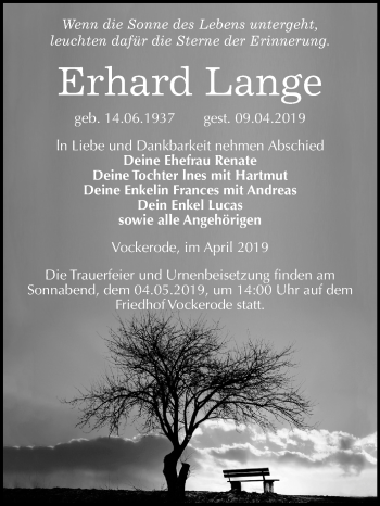 Traueranzeige von Erhard Lange von Mitteldeutsche Zeitung Wittenberg