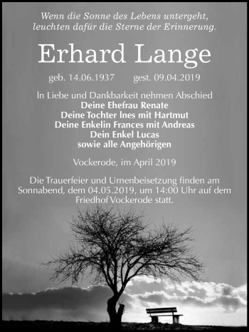 Traueranzeige von Erhard Lange von WVG - Wochenspiegel Wittenberg