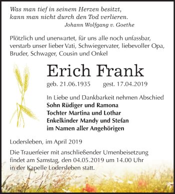 Traueranzeige von Erich Frank von Mitteldeutsche Zeitung Merseburg/Querfurt