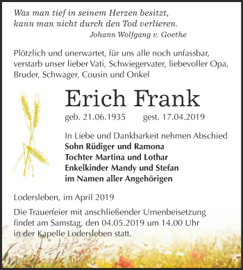 Traueranzeige von Erich Frank von WVG - Wochenspiegel Merseburg
