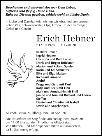 Traueranzeige von Erich Hebner von Mitteldeutsche Zeitung Sangerhausen