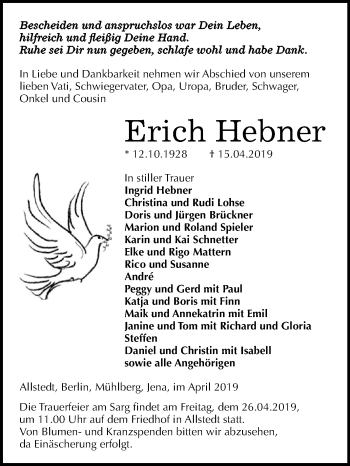Traueranzeige von Erich Hebner von WVG - Wochenspiegel SGH