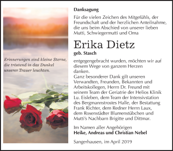 Traueranzeige von Erika Dietz von Mitteldeutsche Zeitung Sangerhausen