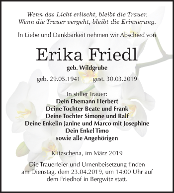 Traueranzeige von Erika Friedl von Mitteldeutsche Zeitung Wittenberg