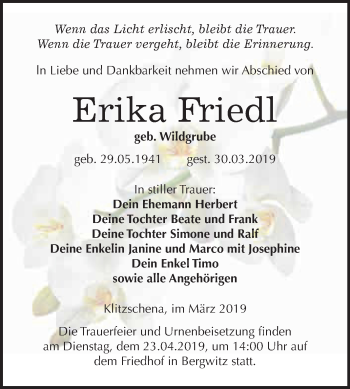 Traueranzeige von Erika Friedl von WVG - Wochenspiegel Wittenberg