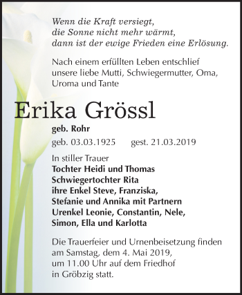 Traueranzeige von Erika Grössl von Mitteldeutsche Zeitung Köthen